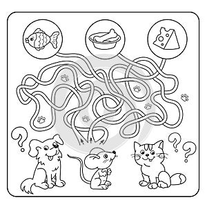 Maze or Labyrinth Game for Preschool Children. Puzzle. Tangled Road. Matching Game. Cartoon Animals and their Favorite Food photo