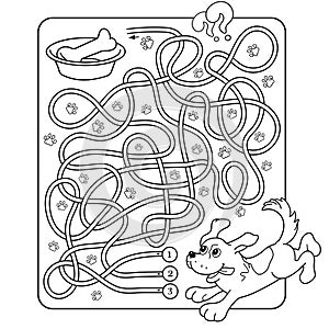 Maze or Labyrinth Game for Preschool Children. Puzzle. Tangled Road. Matching Game. Coloring Page Outline Of Cartoon Dog with bone