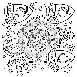 Maze or Labyrinth Game. Puzzle. Coloring Page Outline Of cartoon astronaut with rocket in space. Little spaceman or cosmonaut.