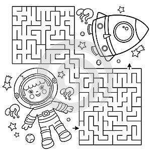 Maze or Labyrinth Game. Puzzle. Coloring Page Outline Of cartoon astronaut with rocket in space. Little spaceman or cosmonaut.