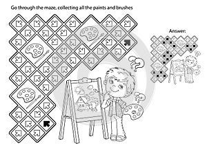 Maze or Labyrinth Game. Puzzle. Coloring Page Outline Of cartoon boy with brush and paints. Little artist with easel. Coloring