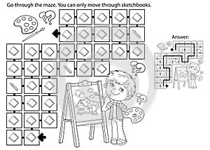 Maze or Labyrinth Game. Puzzle. Coloring Page Outline Of cartoon boy with brush and paints. Little artist with easel. Coloring