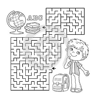 Maze or Labyrinth Game. Puzzle. Coloring Page Outline Of cartoon boy with school supplies. Coloring book for kids