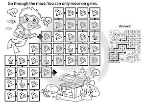 Maze or Labyrinth Game. Puzzle. Coloring Page Outline Of cartoon boy scuba diver with chest of treasure. Marine photography or