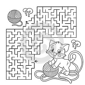 Maze or Labyrinth Game. Puzzle. Coloring Page Outline Of cartoon cat with ball of yarn. Coloring book for kids