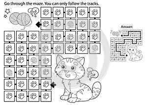 Maze or Labyrinth Game. Puzzle. Coloring Page Outline Of cartoon cat with ball of yarn. Coloring book for kids