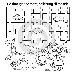 Maze or Labyrinth Game. Puzzle. Coloring Page Outline Of cartoon cat with fishing rod. Fun fisher. Coloring book for kids