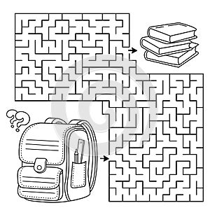 Maze or Labyrinth Game. Puzzle. Coloring Page Outline Of cartoon children satchel or knapsack with books or textbooks. School