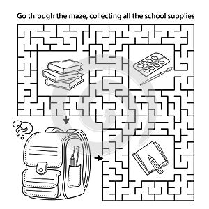 Maze or Labyrinth Game. Puzzle. Coloring Page Outline Of cartoon children satchel or knapsack with books or textbooks. School