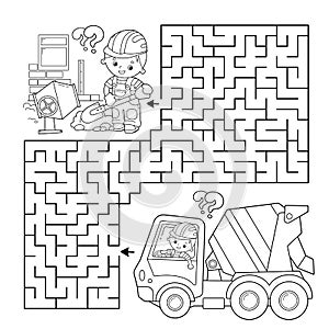 Maze or Labyrinth Game. Puzzle. Coloring Page Outline Of cartoon concrete mixer. Construction vehicles. Coloring book for kids