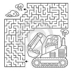 Maze or Labyrinth Game. Puzzle. Coloring Page Outline Of cartoon crawler excavator. Construction vehicles. Profession. Coloring