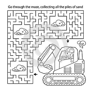 Maze or Labyrinth Game. Puzzle. Coloring Page Outline Of cartoon crawler excavator. Construction vehicles. Profession. Coloring