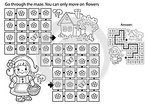 Maze or Labyrinth Game. Puzzle. Coloring Page Outline Of cartoon cute girl with basket walking home along the path. Little red