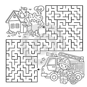 Maze or Labyrinth Game. Puzzle. Coloring Page Outline Of cartoon fireman or firefighter with fire truck. Fire fighting. Coloring