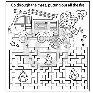 Maze or Labyrinth Game. Puzzle. Coloring Page Outline Of cartoon fireman or firefighter with fire truck. Fire fighting. Coloring