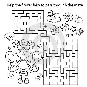 Maze or Labyrinth Game. Puzzle. Coloring Page Outline Of cartoon flower fairy with magic wand. Little kind wizard or magician.