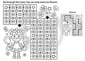 Maze or Labyrinth Game. Puzzle. Coloring Page Outline Of cartoon flower fairy with magic wand. Little kind wizard or magician.