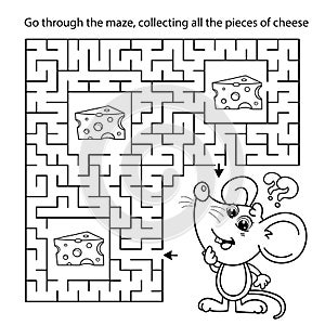 Maze or Labyrinth Game. Puzzle. Coloring Page Outline Of cartoon fun mouse with cheese. Coloring book for kids