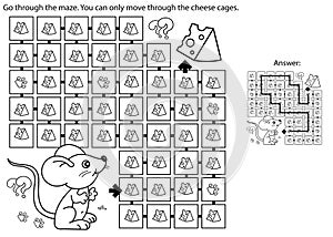 Maze or Labyrinth Game. Puzzle. Coloring Page Outline Of cartoon fun mouse with cheese. Coloring book for kids