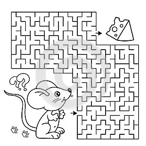 Maze or Labyrinth Game. Puzzle. Coloring Page Outline Of cartoon fun mouse with cheese. Coloring book for kids