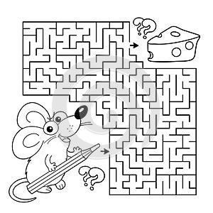 Maze or Labyrinth Game. Puzzle. Coloring Page Outline Of cartoon fun mouse with pencil. Collect all cheese. Coloring book for kids