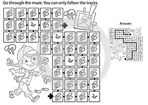 Maze or Labyrinth Game. Puzzle. Coloring Page Outline Of cartoon girl detective with loupe. Young Sherlock Holmes. Coloring book
