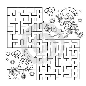 Maze or Labyrinth Game. Puzzle. Coloring Page Outline Of cartoon girl making Christmas paper lanterns. Christmas. New year.