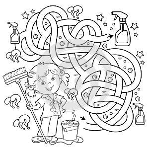 Maze or Labyrinth Game. Puzzle. Coloring Page Outline Of cartoon girl with mop and bucket. Housework and cleaning. Coloring book