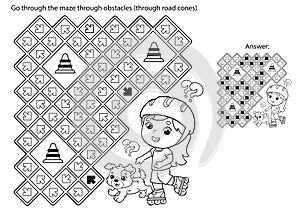 Maze or Labyrinth Game. Puzzle. Coloring Page Outline Of cartoon girl on roller skates with dog. Sport activity. Coloring book for