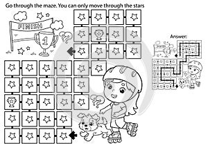 Maze or Labyrinth Game. Puzzle. Coloring Page Outline Of cartoon girl on roller skates with dog. Sport activity. Coloring book for