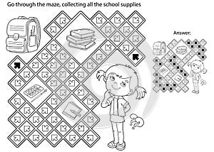 Maze or Labyrinth Game. Puzzle. Coloring Page Outline Of cartoon girl with school supplies. Coloring book for kids