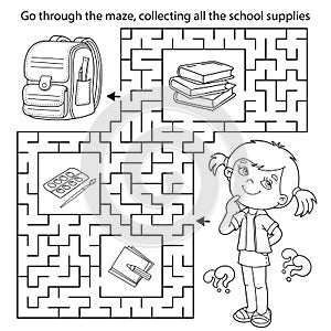 Maze or Labyrinth Game. Puzzle. Coloring Page Outline Of cartoon girl with school supplies. Coloring book for kids