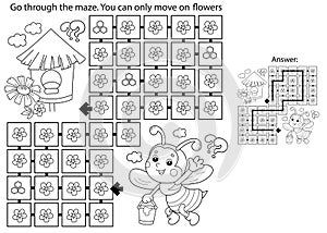 Maze or Labyrinth Game. Puzzle. Coloring Page Outline Of cartoon little bee with bucket of honey. Collect all flower. Coloring