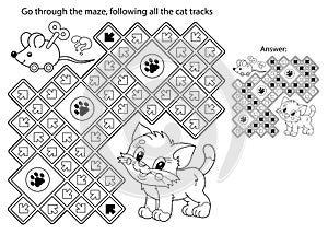 Maze or Labyrinth Game. Puzzle. Coloring Page Outline Of cartoon little cat with toy clockwork mouse. Coloring book for kids