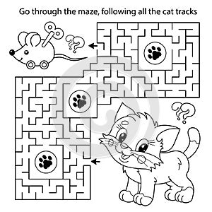 Maze or Labyrinth Game. Puzzle. Coloring Page Outline Of cartoon little cat with toy clockwork mouse. Coloring book for kids