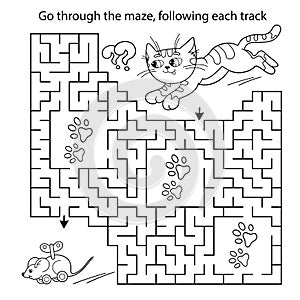 Maze or Labyrinth Game. Puzzle. Coloring Page Outline Of cartoon little cat with toy clockwork mouse. Coloring book for kids