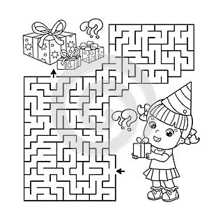 Maze or Labyrinth Game. Puzzle. Coloring Page Outline Of cartoon little girl with gifts. Birthday. Coloring book for kids