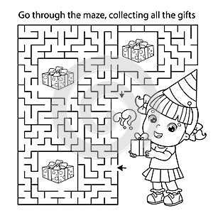 Maze or Labyrinth Game. Puzzle. Coloring Page Outline Of cartoon little girl with gifts. Birthday. Coloring book for kids