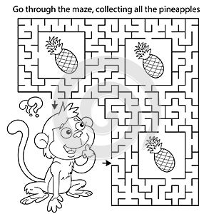 Maze or Labyrinth Game. Puzzle. Coloring Page Outline Of cartoon little monkey with pineapples. Collect fruits. Coloring book for