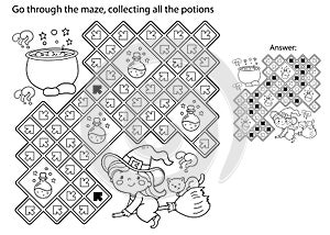 Maze or Labyrinth Game. Puzzle. Coloring Page Outline Of cartoon little witch on broom with pot and with cat. Halloween. Coloring