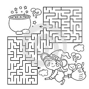 Maze or Labyrinth Game. Puzzle. Coloring Page Outline Of cartoon little witch on broom with pot and with cat. Halloween. Coloring