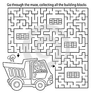 Maze or Labyrinth Game. Puzzle. Coloring Page Outline Of cartoon lorry or dump truck. Construction vehicles. Coloring book for