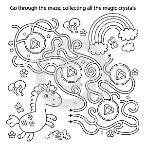 Maze or Labyrinth Game. Puzzle. Coloring Page Outline Of cartoon lovely magic unicorn. Fairy tale hero. Coloring book for kids