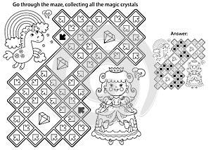 Maze or Labyrinth Game. Puzzle. Coloring Page Outline Of cartoon lovely princess with magic unicorn. Cinderella. Fairy tale.