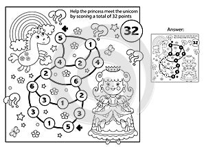 Maze or Labyrinth Game. Puzzle. Coloring Page Outline Of cartoon lovely princess with magic unicorn. Cinderella. Fairy tale.