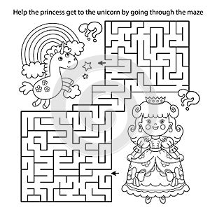 Maze or Labyrinth Game. Puzzle. Coloring Page Outline Of cartoon lovely princess with magic unicorn. Cinderella. Fairy tale.