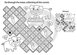 Maze or Labyrinth Game. Puzzle. Coloring Page Outline Of cartoon pig or swine with little piglet. Farm animals with their cubs.