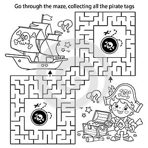 Maze or Labyrinth Game. Puzzle. Coloring Page Outline Of Cartoon pirate with chest of treasure. Pirate ship. Coloring Book for