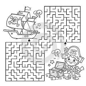 Maze or Labyrinth Game. Puzzle. Coloring Page Outline Of Cartoon pirate with chest of treasure. Pirate ship. Coloring Book for