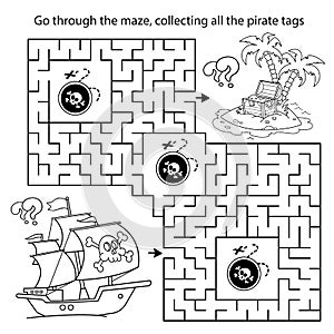 Maze or Labyrinth Game. Puzzle. Coloring Page Outline Of cartoon pirate ship with treasure island. Coloring book for kids